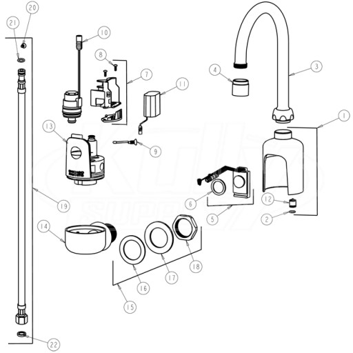 Chicago 116.104.21.1 Hytronic Wall-Mount Gooseneck Sensor Faucet Parts Breakdown