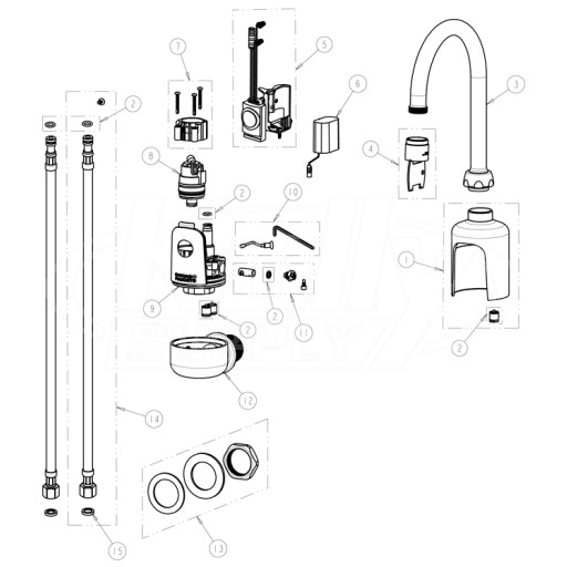 Chicago 116.114.AB.1 Hytronic Wall-Mount Gooseneck Sensor Faucet Parts Breakdown