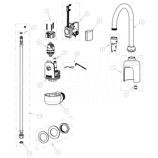 Chicago 116.204.AB.1 Hytronic Wall-Mount Gooseneck Sensor Faucet Parts Breakdown