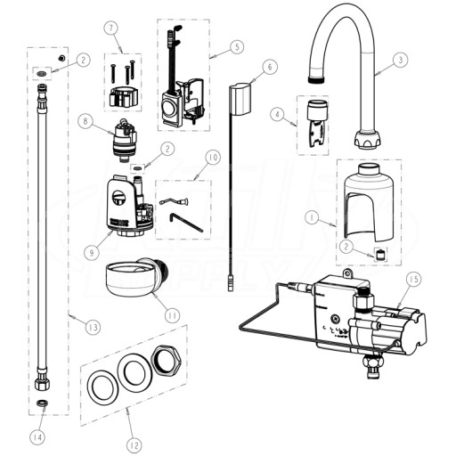 Chicago 116.904.AB.1 Hytronic Wall-Mount Gooseneck Sensor Faucet Parts Breakdown