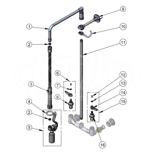 T&S Brass Overhead Swivel-Arm Low-Flow Pre-Rinse Parts Breakdown