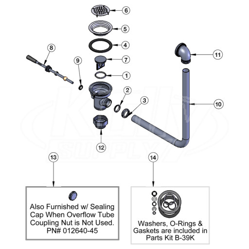 T&S Brass Lever Waste w/ Overflow Parts Breakdown
