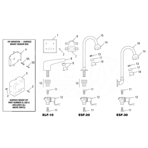 Sloan Optima(R) ELF-10/ESF-20/ESF-30 Faucet Parts Breakdown