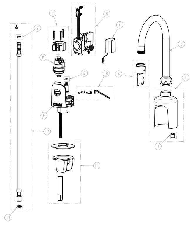 Chicago 116.103.AB.1 Hytronic Gooseneck Sensor Faucet Parts Breakdown