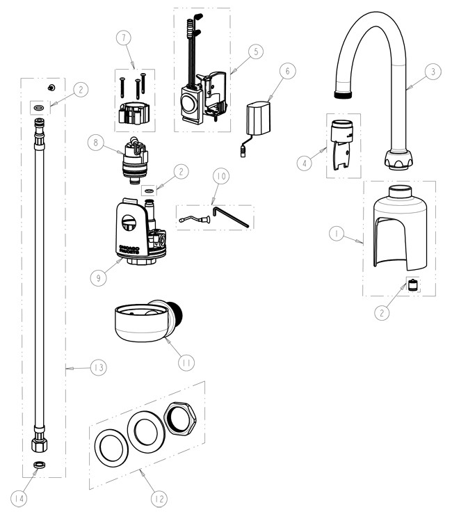 Chicago 116.104.AB.1 Hytronic Wall-Mount Gooseneck Sensor Faucet Parts Breakdown