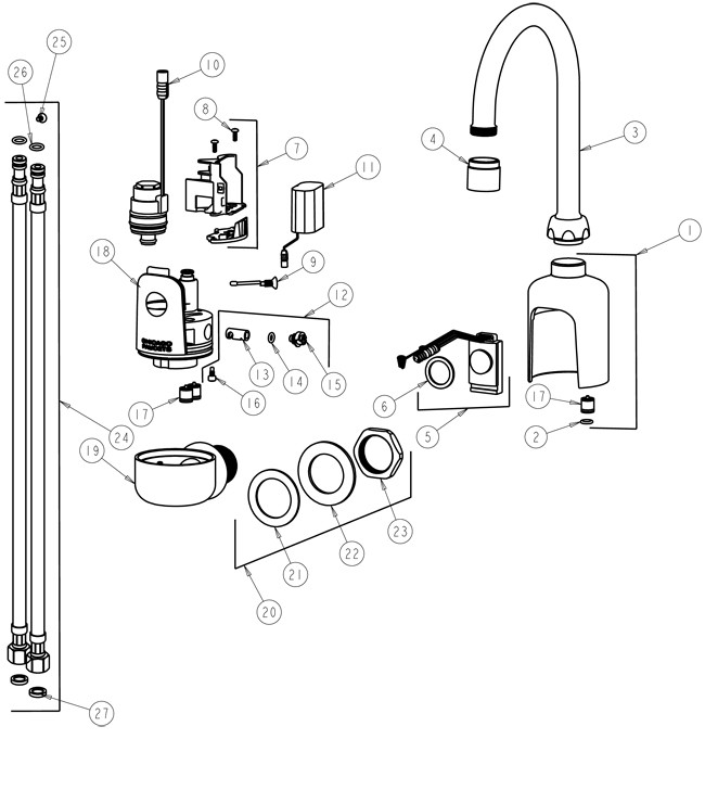 Chicago 116.114.21.1 Hytronic Wall-Mount Gooseneck Sensor Faucet Parts Breakdown