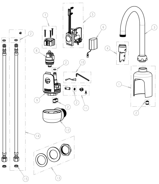 Chicago 116.114.AB.1 Hytronic Wall-Mount Gooseneck Sensor Faucet Parts Breakdown
