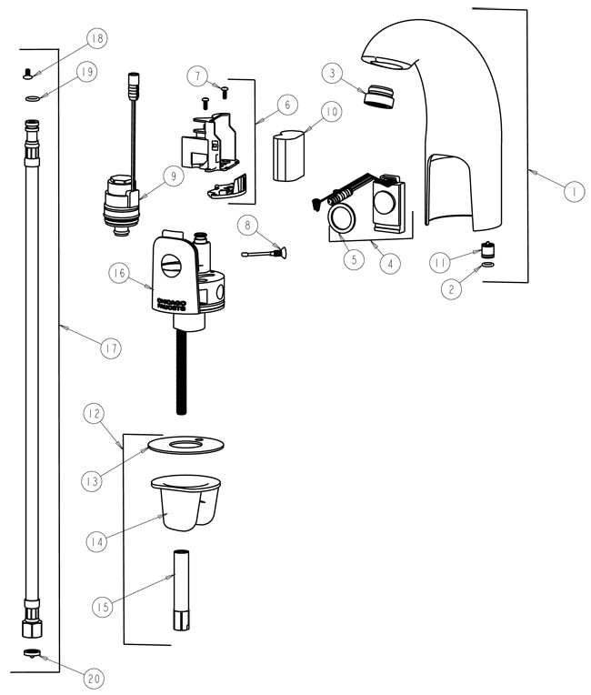 Chicago 116.202.21.1 Hytronic Contemporary Sensor Faucet Parts Breakdown