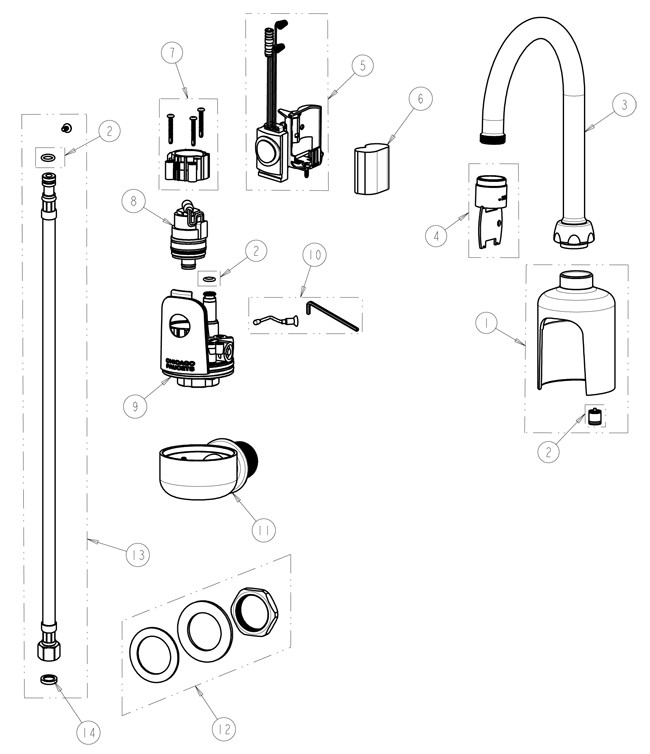 Chicago 116.204.AB.1 Hytronic Wall-Mount Gooseneck Sensor Faucet Parts Breakdown