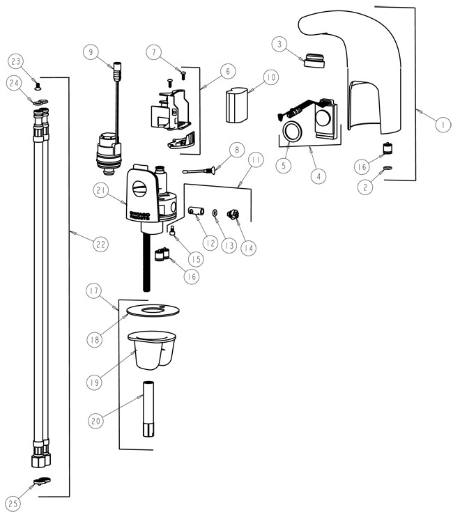Chicago 116.211.21.1 Hytronic Traditional Sensor Faucet Parts Breakdown