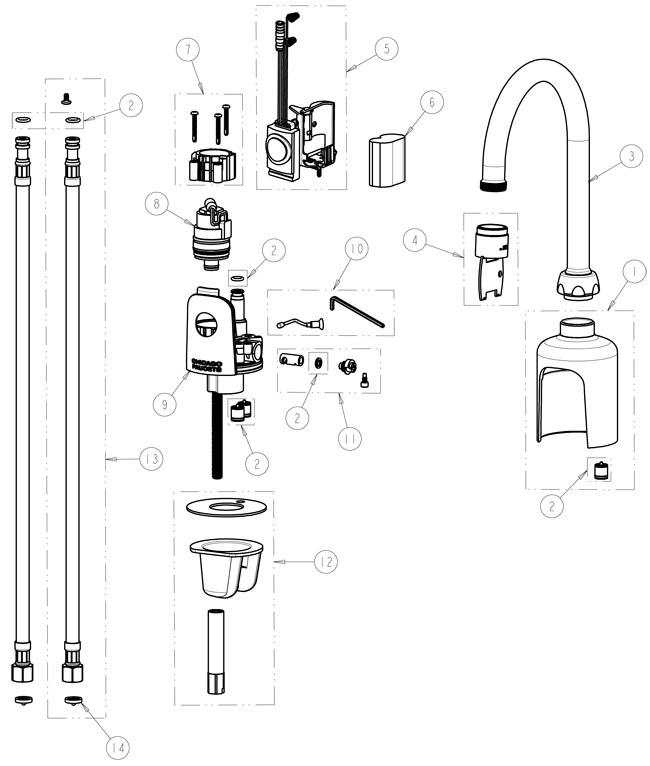 Chicago 116.213.AB.1 Hytronic Gooseneck Sensor Faucet Parts Breakdown