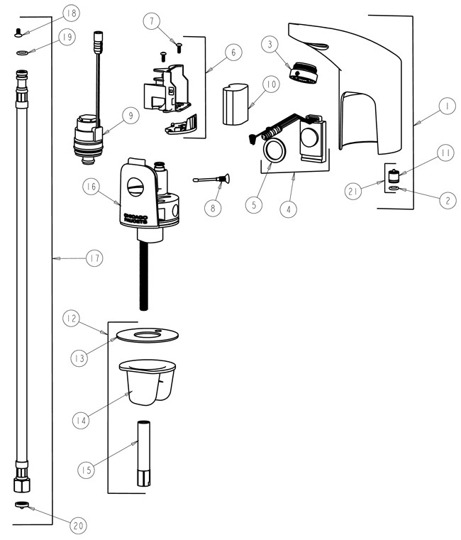 Chicago 116.405.21.1 Hytronic Electronic Faucet Parts Breakdown