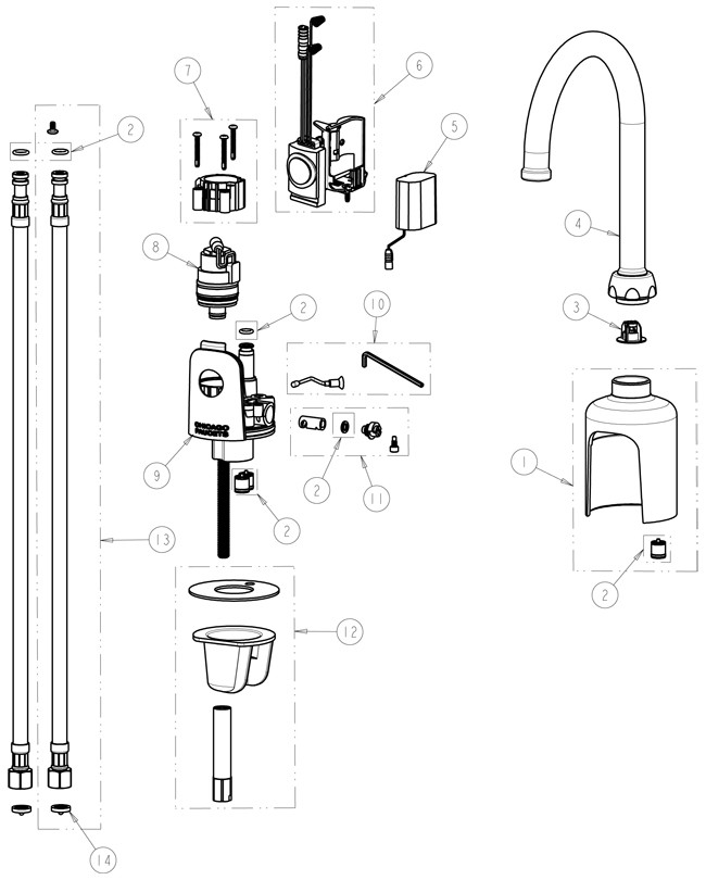 Chicago 116.428.AB.1 Hytronic Gooseneck Sensor Faucet Parts Breakdown