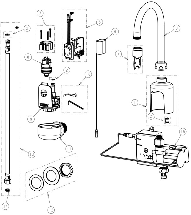 Chicago 116.904.AB.1 Hytronic Wall-Mount Gooseneck Sensor Faucet Parts Breakdown