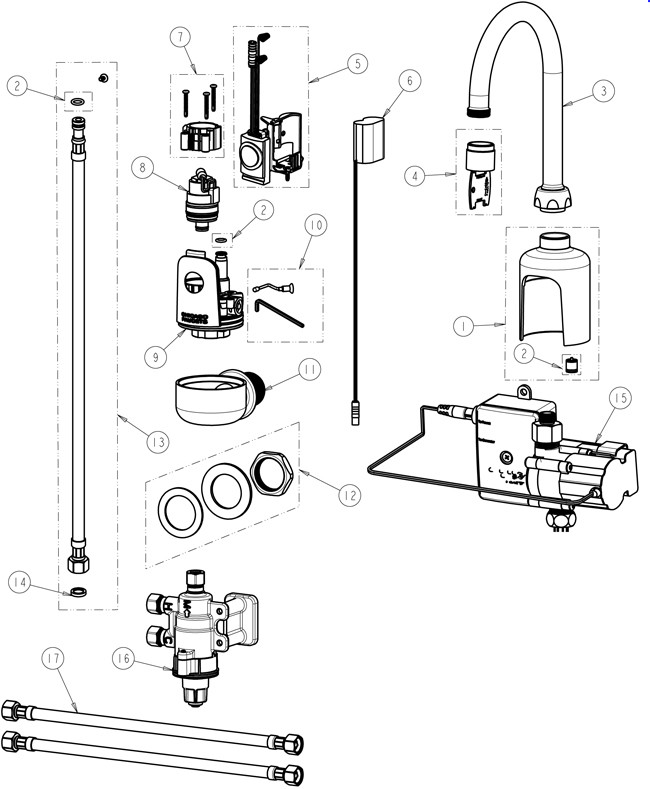 Chicago 116.924.AB.1 Hytronic Wall-Mount Gooseneck Sensor Faucet Parts Breakdown