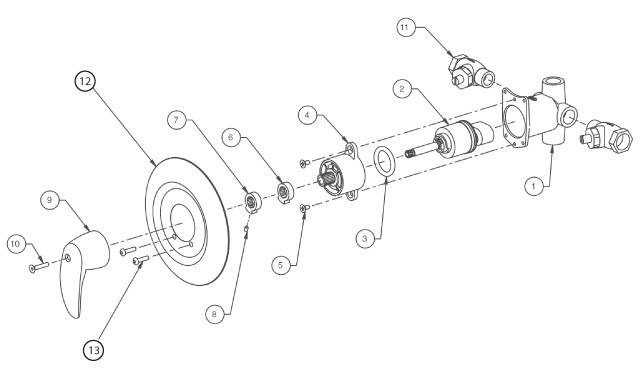 Bradley Equa-Flo Pressure Balancing Shower Valve Individual, Econo-Wall, & Panelon Breakdown August 2004 to Present Parts Breakdown