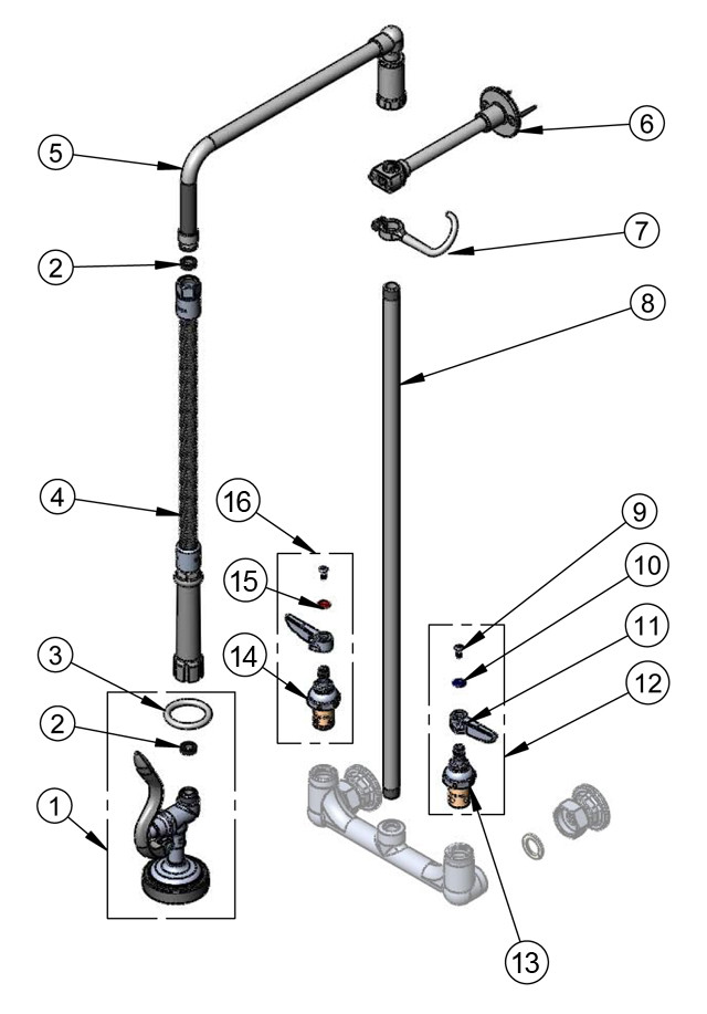T&S Brass Overhead Swivel-Arm Pre-Rinse Parts Breakdown