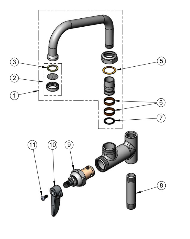 T&S Brass B-0155 6" Add-On Faucet Parts Breakdown