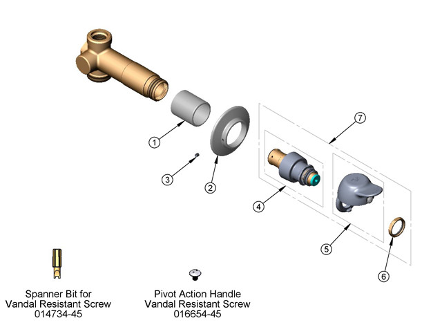 T&S Brass B-1029-PA Concealed Straightway Slow Self-Closing Valve  Parts Breakdown