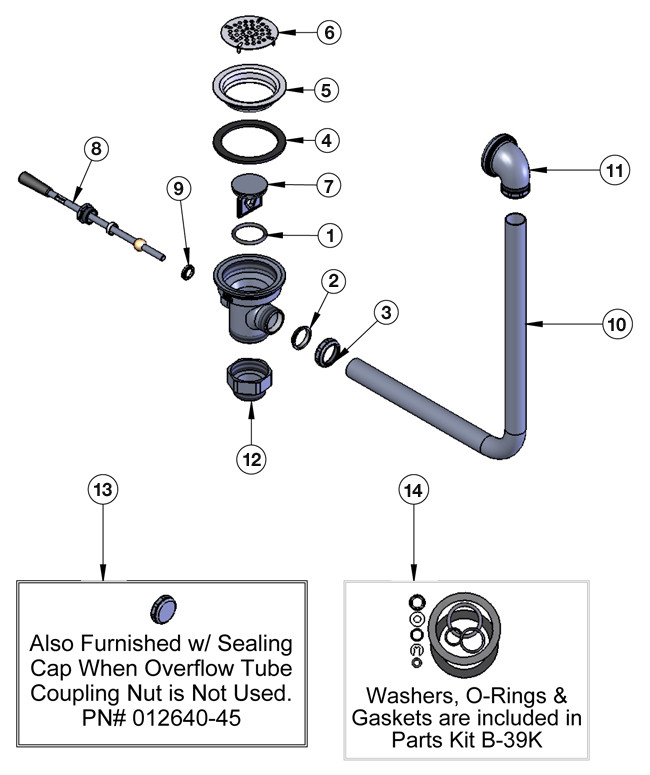 T&S Brass Lever Waste w/ Overflow Parts Breakdown