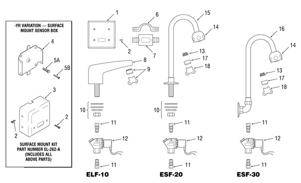 Sloan Optima(R) ELF-10/ESF-20/ESF-30 Faucet Parts Breakdown